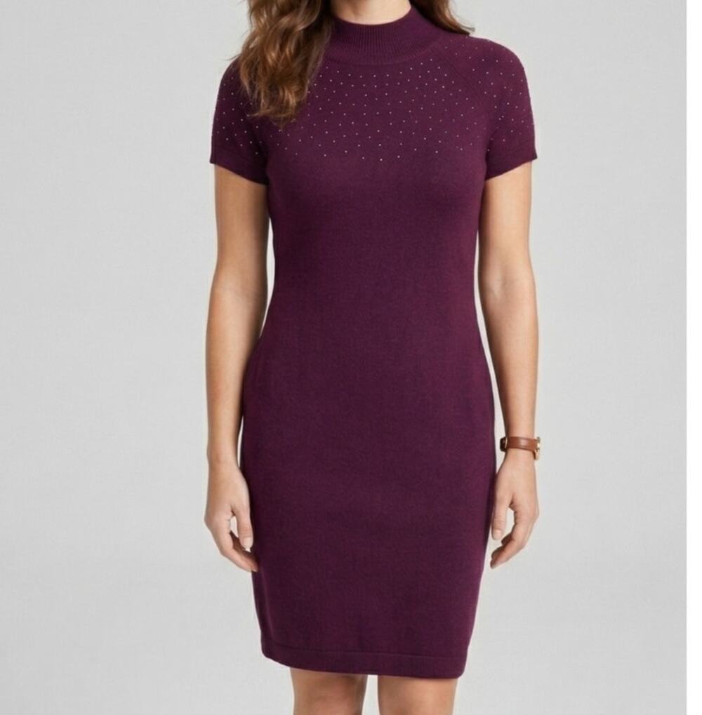 AB Studio Womens Medium Mock Neck Knit Dress Purple Rayon Polyester
